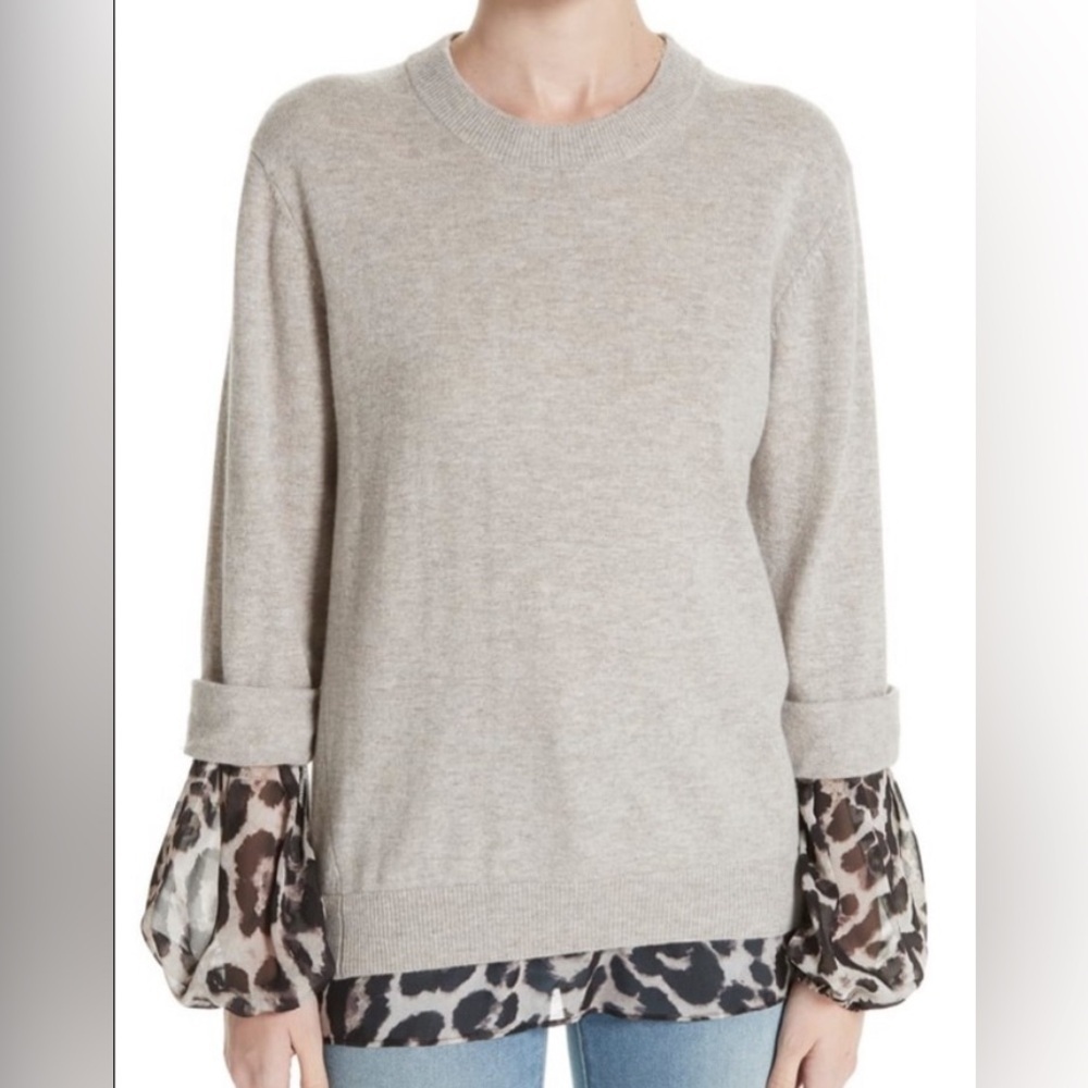 Brochu Walker layered animal print wool & cashmere crew neck sweater gray S